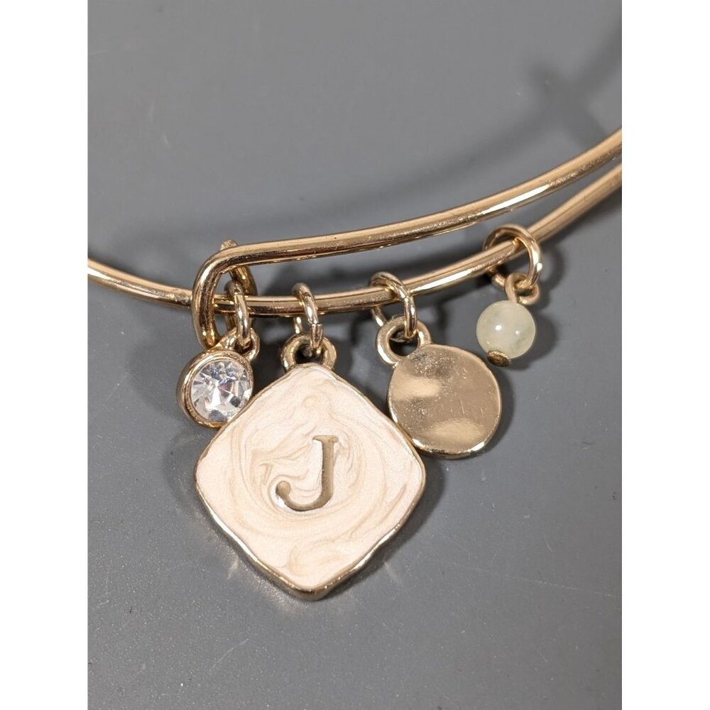 Initial Letter J Charm Bracelet Gold Tone Cream Enamel Rhinestone‎ 7"